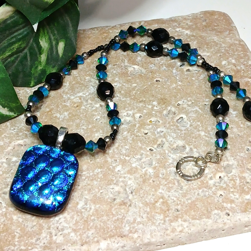 Iridescent Blue Dichroic Pendant and Crystal Necklace